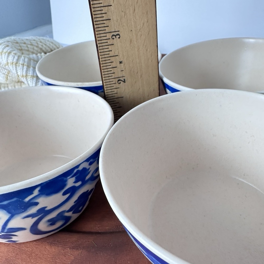 4 Blue & White Patina Vie "Lisbon" Bamboo Tidbit Bowls, Anthro‑vibe Cottage‑Boho - Picture 4 of 9